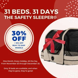 Promotion graphic showing a tan safety bed with a red bow on it.