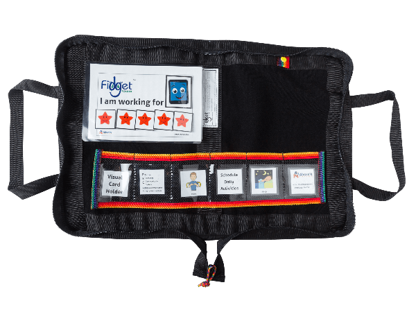 Black fidget tool with various compartments and a visible brand logo on a white background