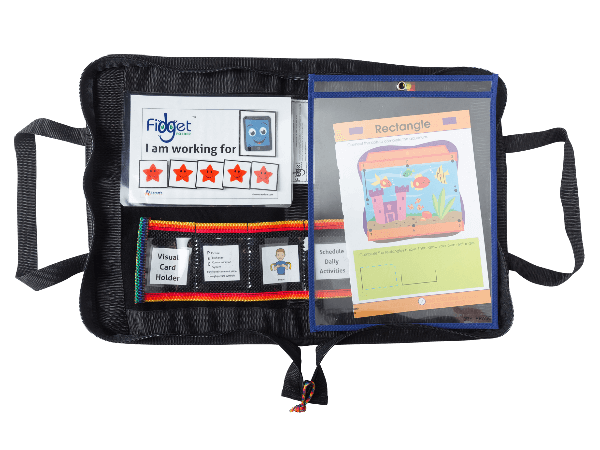 Black fidget tool with various compartments and cards on a white background