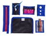 Collection of various fabric pouches and accessories on a black background
