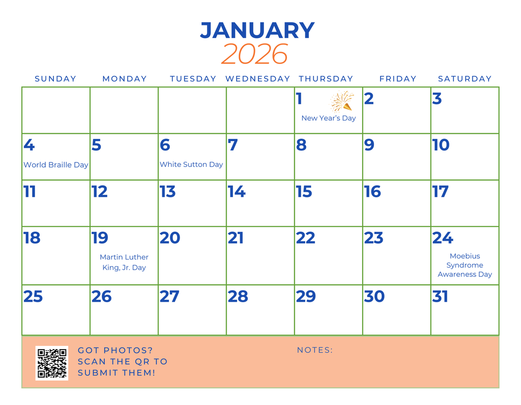 Calendar for January 2026 with holidays and a QR code for submitting photos.