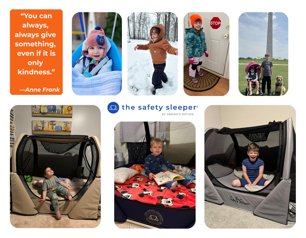 Collage of images featuring children in various settings with a safety sleeper product.