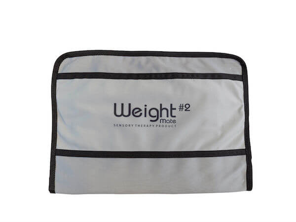 Front of the weighted sensory mat in grey with "Weight Mate" branding visible.