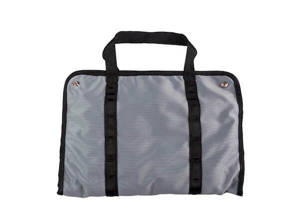 A view of the zipped up version of the weight mate in grey with the carrying handle visible.
