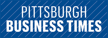 Logo for Pittsburgh Business times with white text on a blue background. 