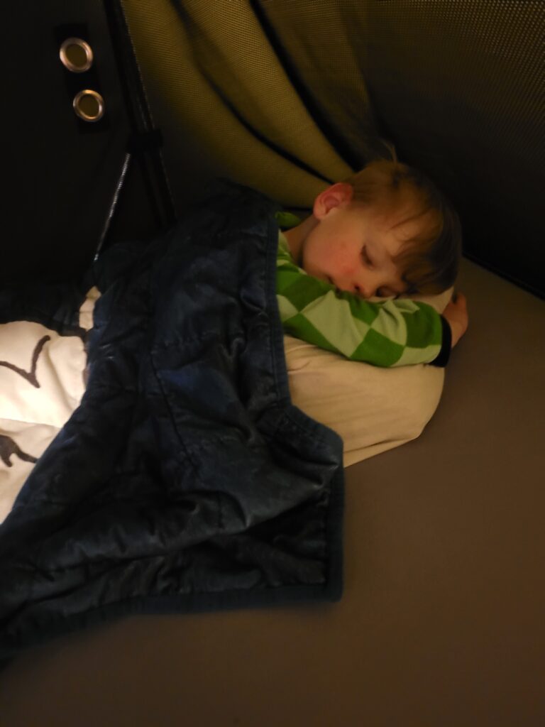 Young boy sleeping inside of The Safety Sleeper, a fully enclosed bed for individuals with special needs.